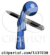 Blue Design Mascot Man Impaled Through Chest With Giant Pen