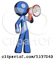 Poster, Art Print Of Blue Design Mascot Man Shouting Into Megaphone Bullhorn Facing Right