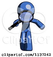 Blue Design Mascot Man Looking Down Through Magnifying Glass