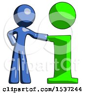 Blue Design Mascot Man With Info Symbol Leaning Up Against It