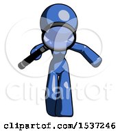 Poster, Art Print Of Blue Design Mascot Woman Looking Down Through Magnifying Glass