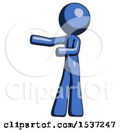 Blue Design Mascot Man Presenting Something To His Right