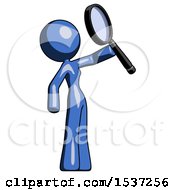 Poster, Art Print Of Blue Design Mascot Woman Inspecting With Large Magnifying Glass Facing Up