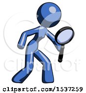 Poster, Art Print Of Blue Design Mascot Woman Inspecting With Large Magnifying Glass Right