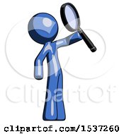 Poster, Art Print Of Blue Design Mascot Man Inspecting With Large Magnifying Glass Facing Up