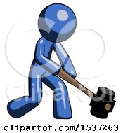 Blue Design Mascot Man Hitting With Sledgehammer Or Smashing Something At Angle