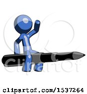 Blue Design Mascot Man Riding A Pen Like A Giant Rocket
