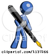 Blue Design Mascot Woman Drawing Or Writing With Large Calligraphy Pen
