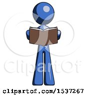 Poster, Art Print Of Blue Design Mascot Woman Reading Book While Standing Up Facing Viewer