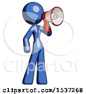Poster, Art Print Of Blue Design Mascot Woman Shouting Into Megaphone Bullhorn Facing Right