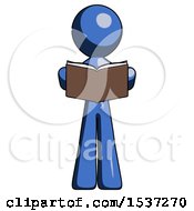 Poster, Art Print Of Blue Design Mascot Man Reading Book While Standing Up Facing Viewer