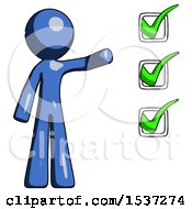 Poster, Art Print Of Blue Design Mascot Man Standing By List Of Checkmarks