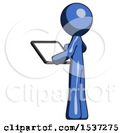 Poster, Art Print Of Blue Design Mascot Man Looking At Tablet Device Computer With Back To Viewer