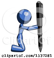Blue Design Mascot Woman Posing With Giant Pen In Powerful Yet Awkward Manner Because Funny