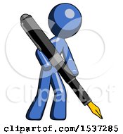 Blue Design Mascot Man Drawing Or Writing With Large Calligraphy Pen