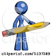 Poster, Art Print Of Blue Design Mascot Woman Office Worker Or Writer Holding A Giant Pencil