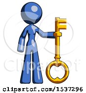 Blue Design Mascot Woman Holding Key Made Of Gold