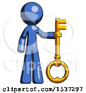 Blue Design Mascot Man Holding Key Made Of Gold