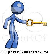 Poster, Art Print Of Blue Design Mascot Woman With Big Key Of Gold Opening Something
