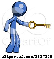 Blue Design Mascot Man With Big Key Of Gold Opening Something