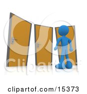 Blue Figure Standing In Front Of Three Different Doors Symbolizing Different Paths To Take For Job Opportunities Or Life Choices Clipart Illustration Image