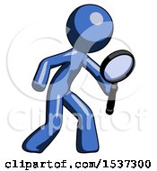 Poster, Art Print Of Blue Design Mascot Man Inspecting With Large Magnifying Glass Right