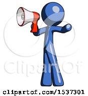 Poster, Art Print Of Blue Design Mascot Man Shouting Into Megaphone Bullhorn Facing Left