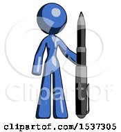 Blue Design Mascot Woman Holding Large Pen