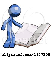 Poster, Art Print Of Blue Design Mascot Man Reading Big Book While Standing Beside It