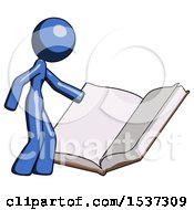Poster, Art Print Of Blue Design Mascot Woman Reading Big Book While Standing Beside It