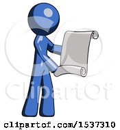 Blue Design Mascot Man Holding Blueprints Or Scroll