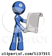 Poster, Art Print Of Blue Design Mascot Woman Holding Blueprints Or Scroll