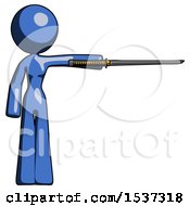 Poster, Art Print Of Blue Design Mascot Woman Standing With Ninja Sword Katana Pointing Right