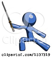 Poster, Art Print Of Blue Design Mascot Man With Ninja Sword Katana In Defense Pose