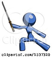 Poster, Art Print Of Blue Design Mascot Woman With Ninja Sword Katana In Defense Pose