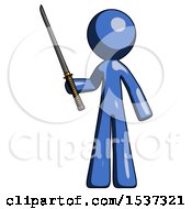 Poster, Art Print Of Blue Design Mascot Man Standing Up With Ninja Sword Katana