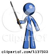 Poster, Art Print Of Blue Design Mascot Woman Standing Up With Ninja Sword Katana