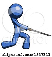 Poster, Art Print Of Blue Design Mascot Man With Ninja Sword Katana Slicing Or Striking Something