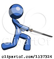 Poster, Art Print Of Blue Design Mascot Woman With Ninja Sword Katana Slicing Or Striking Something