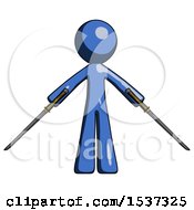 Poster, Art Print Of Blue Design Mascot Man Posing With Two Ninja Sword Katanas