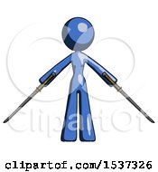 Poster, Art Print Of Blue Design Mascot Woman Posing With Two Ninja Sword Katanas