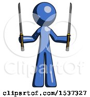 Poster, Art Print Of Blue Design Mascot Man Posing With Two Ninja Sword Katanas Up