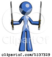 Poster, Art Print Of Blue Design Mascot Woman Posing With Two Ninja Sword Katanas Up