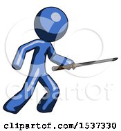 Poster, Art Print Of Blue Design Mascot Man Stabbing With Ninja Sword Katana