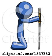 Poster, Art Print Of Blue Design Mascot Man Kneeling With Ninja Sword Katana Showing Respect