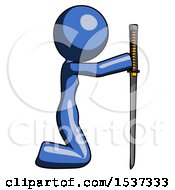 Poster, Art Print Of Blue Design Mascot Woman Kneeling With Ninja Sword Katana Showing Respect