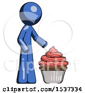 Blue Design Mascot Man With Giant Cupcake Dessert