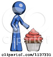 Poster, Art Print Of Blue Design Mascot Woman With Giant Cupcake Dessert