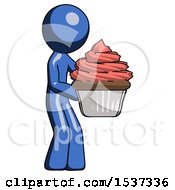Blue Design Mascot Man Holding Large Cupcake Ready To Eat Or Serve