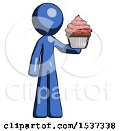 Poster, Art Print Of Blue Design Mascot Man Presenting Pink Cupcake To Viewer